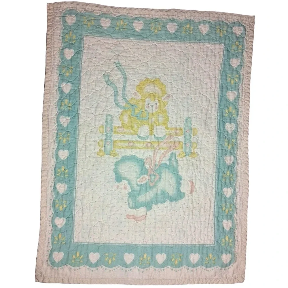 Vtg Lamb Baby Crib Comforter Blanket Blue Yellow Sheep Jumping Quilted Fence